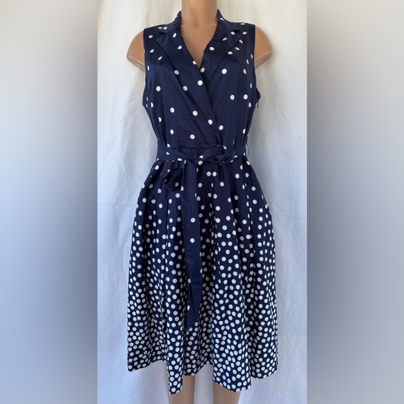 Anne Klein Navy Midi Dress with White Dots - Picture 1 of 10